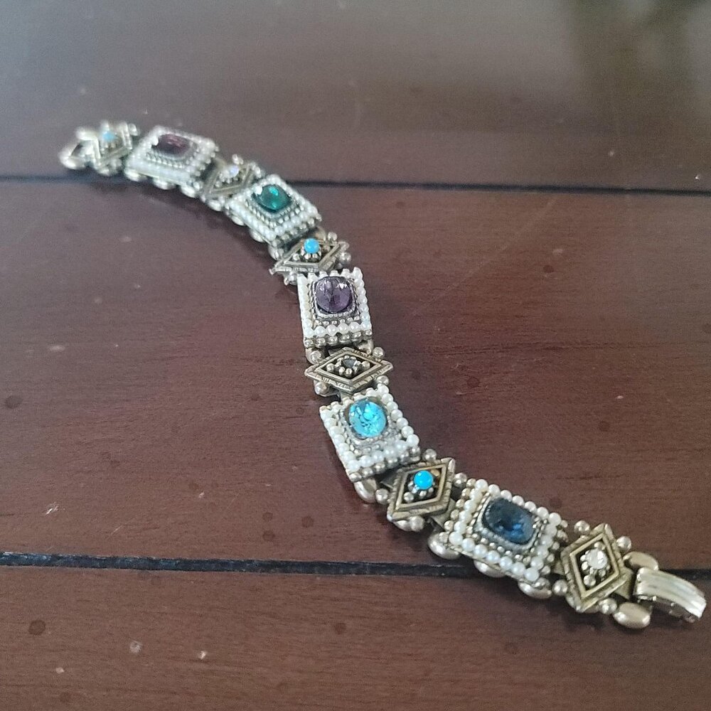 Vintage Gold Tone Panel Bracelet with Faux Pearls and Multi Color Rhinestones
